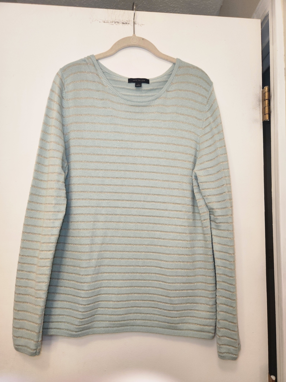 Ann Taylor Light Blue Metallic Stripe Crewneck Sweater L